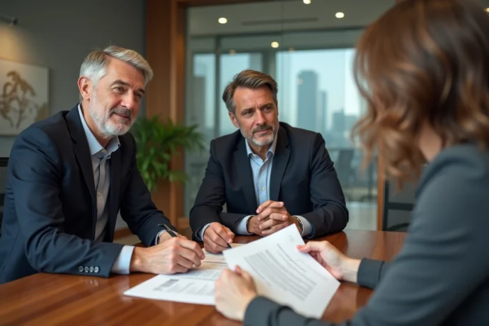 Couple consultant un conseiller financier pour investir en bourse sereinement dans un bureau professionnel