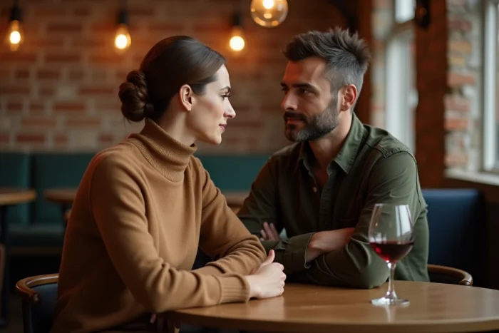 Femme et homme discutant autour d'une table dans un bistrot parisien chaleureux avec murs en briques apparentes