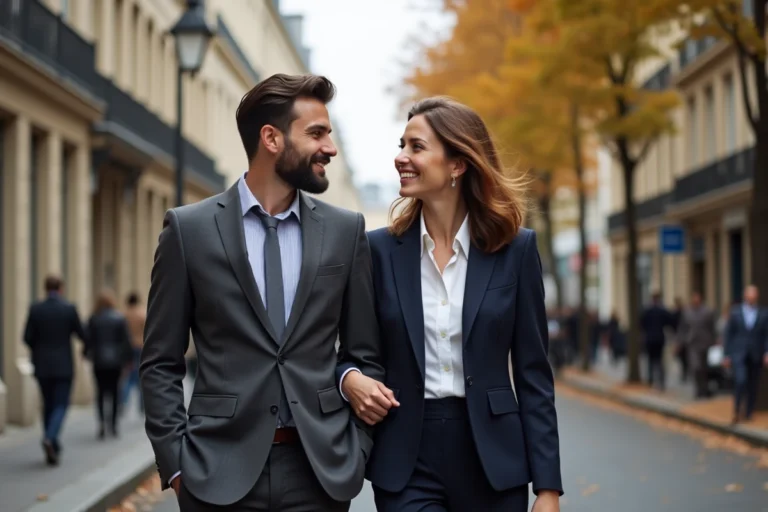 Couple élégant se promenant dans une rue parisienne pavée en automne, femme en blazer marine et homme en costume gris