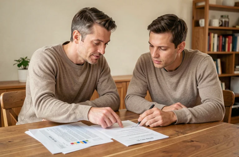 Couple examinant des documents de crédit immobilier à une table en bois dans un appartement moderne