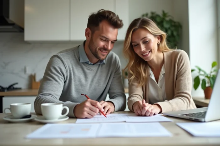 Couple examinant ensemble des documents immobiliers et hypothécaires à la maison