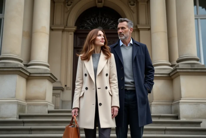 Femme en manteau crème et homme en caban marine devant un immeuble haussmannien à Paris, regard détourné, scène candide