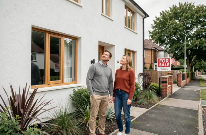 Couple examinant la façade d'une maison rénovée à vendre dans un quartier résidentiel pavillonnaire