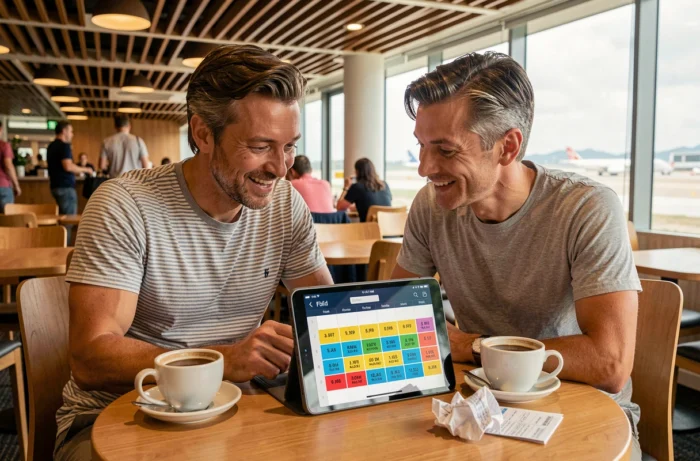 Couple planifiant un voyage en avion long-courrier avec un calendrier de prix flexibles sur tablette dans un café d'aéroport