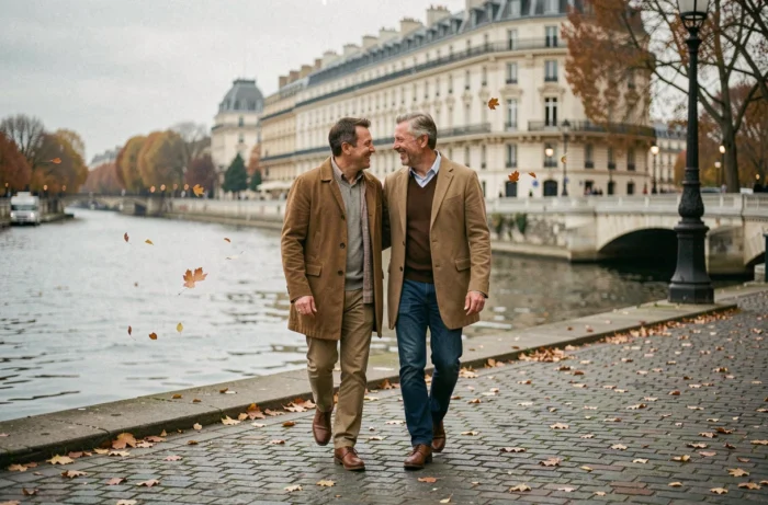 Couple élégant se promenant au bord de la Seine en automne à Paris, illustrant une vie amoureuse épanouie dans un cadre romantique parisien