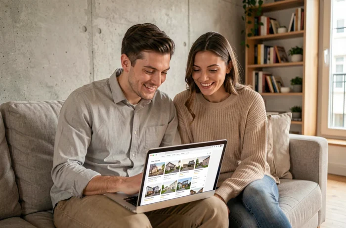Jeune couple recherchant des biens immobiliers sur une plateforme en ligne depuis leur appartement moderne en France