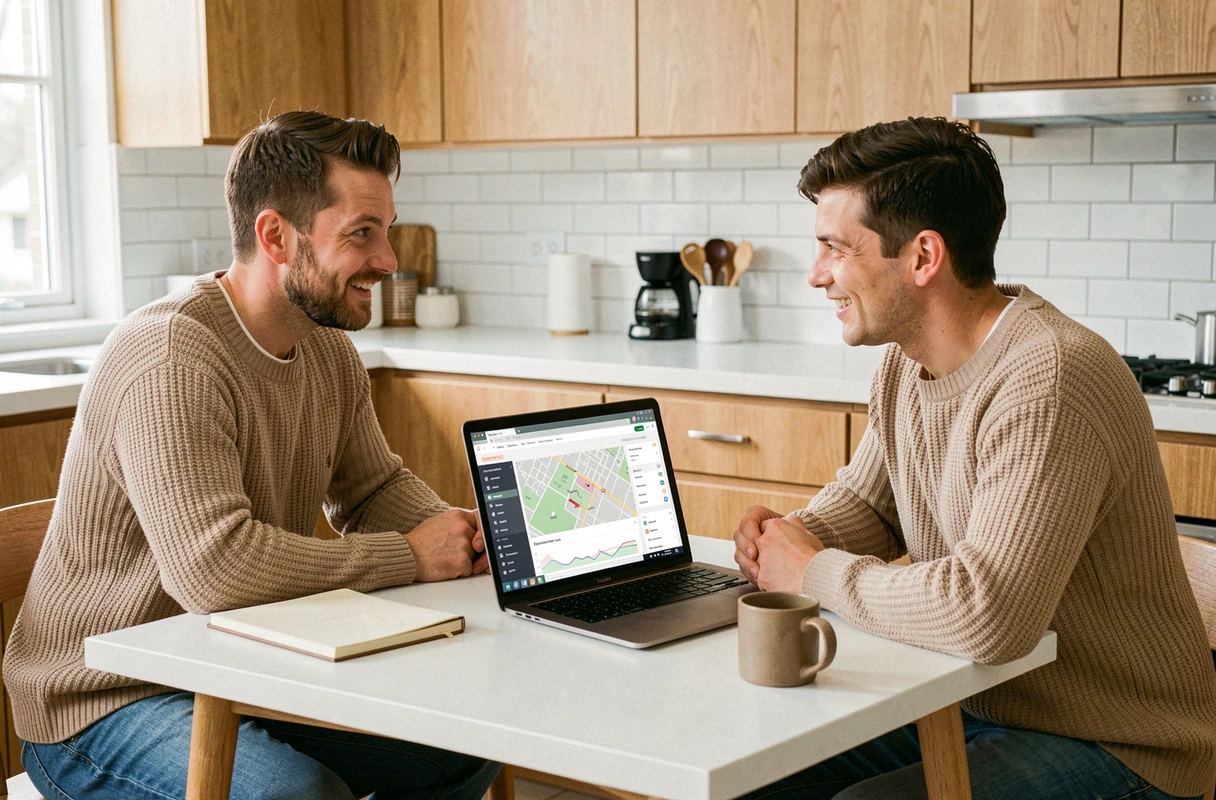 Couple consultant un site d'informations immobilières sur ordinateur dans une cuisine moderne