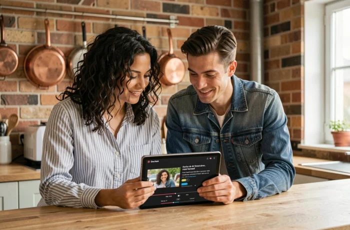 Couple regardant ensemble une série en streaming sur une tablette dans leur cuisine moderne