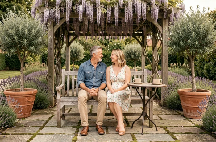 Couple profitant d'une terrasse de jardin personnalisée avec pergola et plantes méditerranéennes