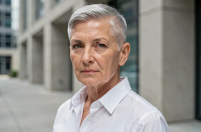 Femme de 60 ans avec un crop texturé court sur nuque dégagée et cheveux fins argentés, en extérieur urbain