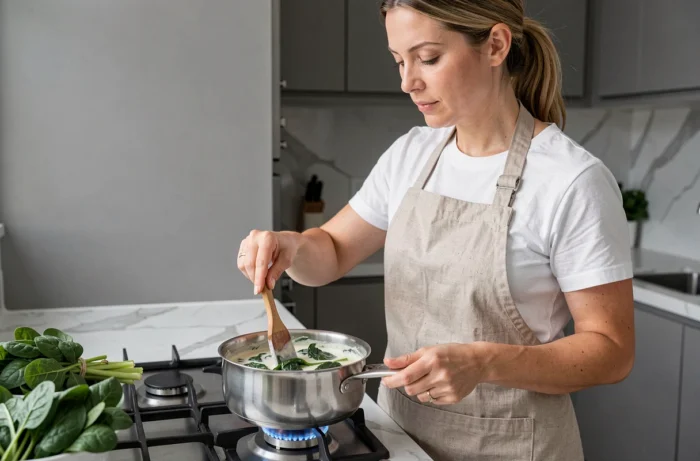 Cuisinière en tablier de lin remuant des épinards à la crème dans une casserole sur une cuisinière à gaz moderne