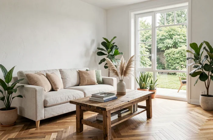 Salon moderne et lumineux décoré de plantes vertes et d'éléments naturels pour un intérieur chaleureux