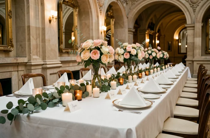 Table de mariage élégamment dressée dans un salon haussmannien parisien avec roses blush, vaisselle dorée, bougies votives et guirlandes d'eucalyptus