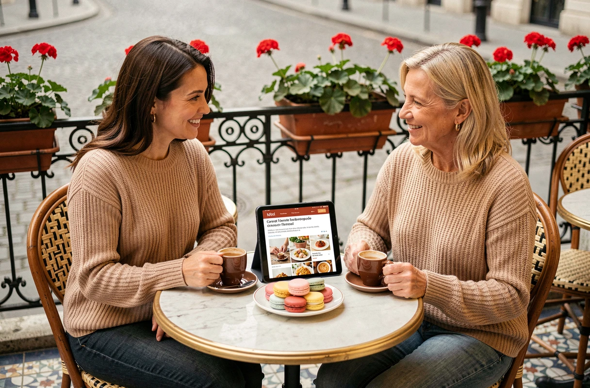 Deux femmes découvrant un blog culinaire français sur une tablette en terrasse de café parisien avec macarons et espresso