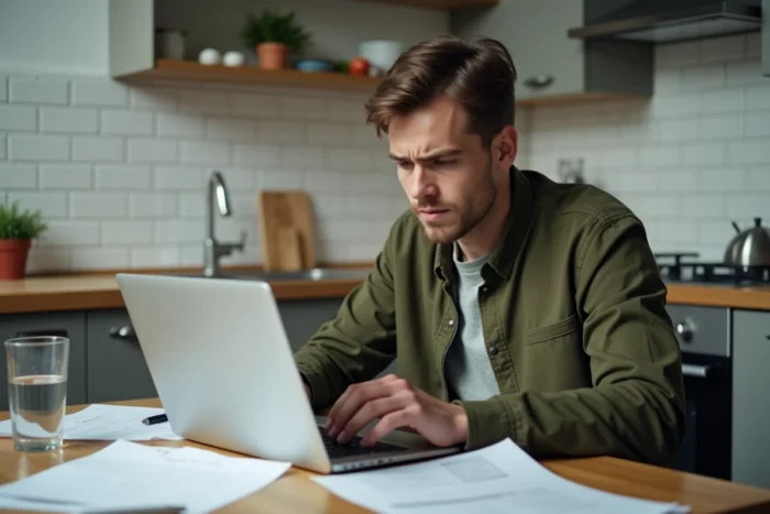 Personne effectuant des démarches en ligne pour retrouver un contrat de bail perdu depuis sa cuisine