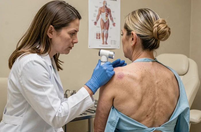 Dermatologue utilisant un dermatoscope pour examiner une lésion cutanée suspecte dans le dos d'une patiente, illustrant le dépistage du cancer de la peau en cabinet médical