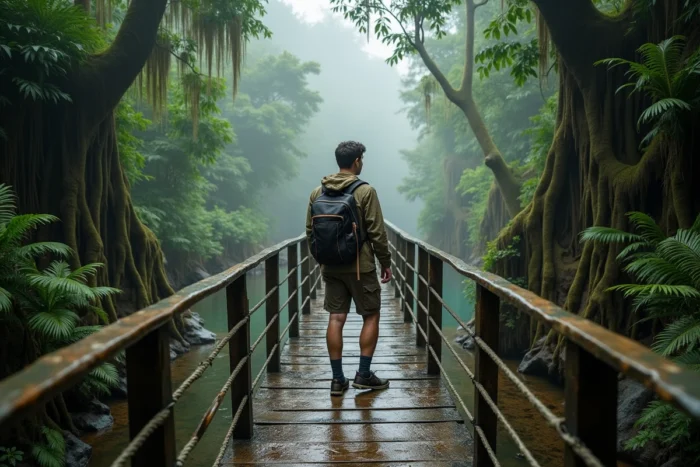 Randonneur sur un pont de bois dans une forêt tropicale brumeuse en Asie du Sud-Est, aventure de voyage en pleine nature exotique