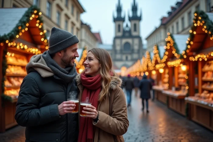 Couple au marché de Noël d'une ville d'Europe centrale avec vin chaud, décors festifs et cathédrale gothique en arrière-plan