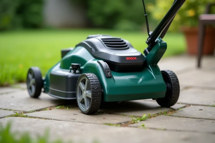 Détail du bac de ramassage et du châssis de la tondeuse Bosch AdvancedRotak 770 sur terrasse