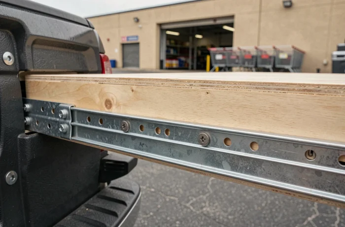 Détail des glissières métalliques et du plateau en contreplaqué d'un tiroir coulissant artisanal pour pick-up