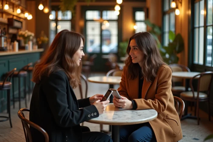 Deux femmes dans un café parisien consultant une règle de grammaire française sur un téléphone