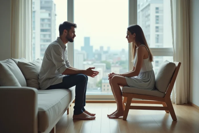 Couple distant assis séparément dans un appartement moderne, illustrant le vide émotionnel et les mécanismes psychologiques derrière la multiplication des conquêtes
