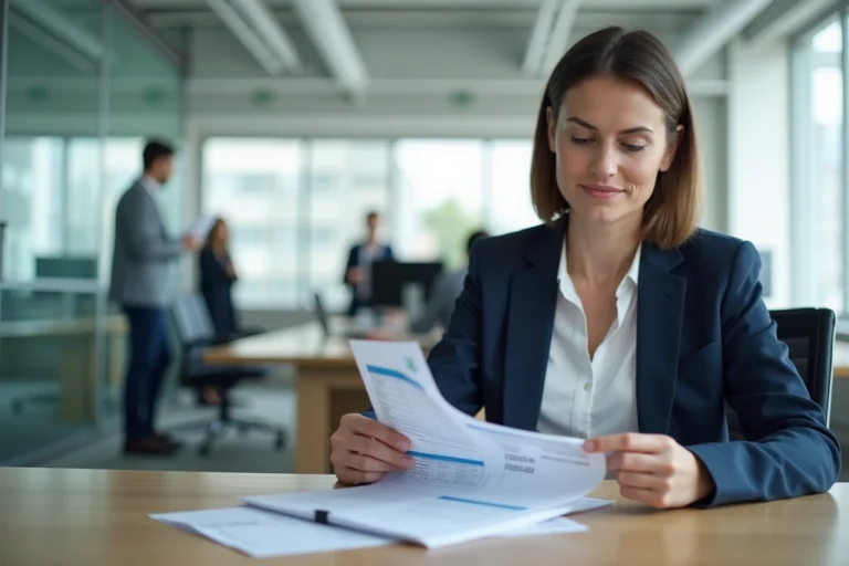 Employée Leclerc consultant ses bulletins de salaire et les conditions du 13ème mois en bureau