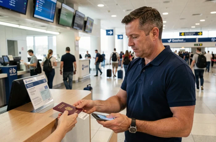 Passager présentant son passeport à un comptoir d'enregistrement easyJet avec son billet d'avion affiché sur smartphone