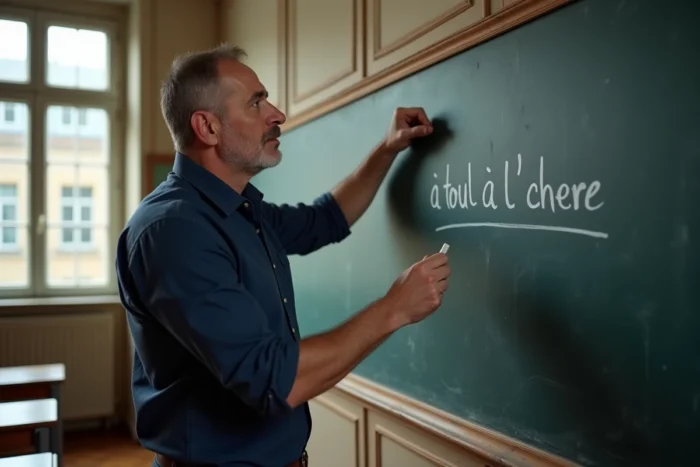 Enseignant pointant une règle de grammaire française écrite à la craie sur un tableau de classe