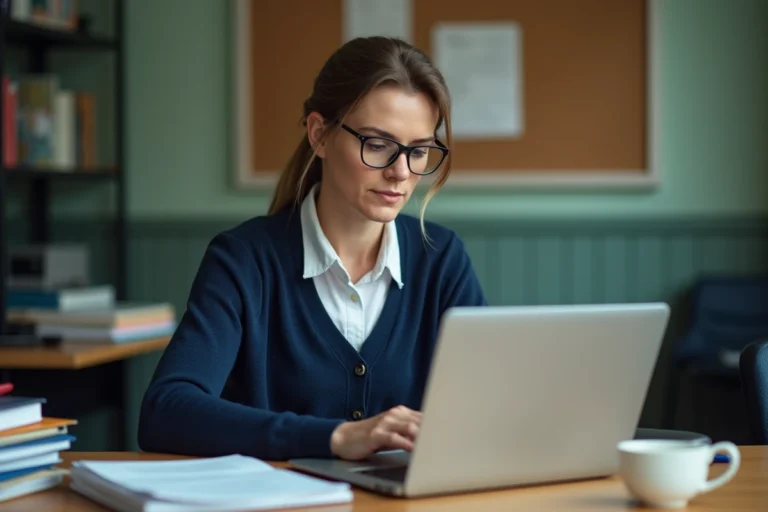 Enseignante configurant sa messagerie Zimbra sur un ordinateur portable dans une salle des professeurs