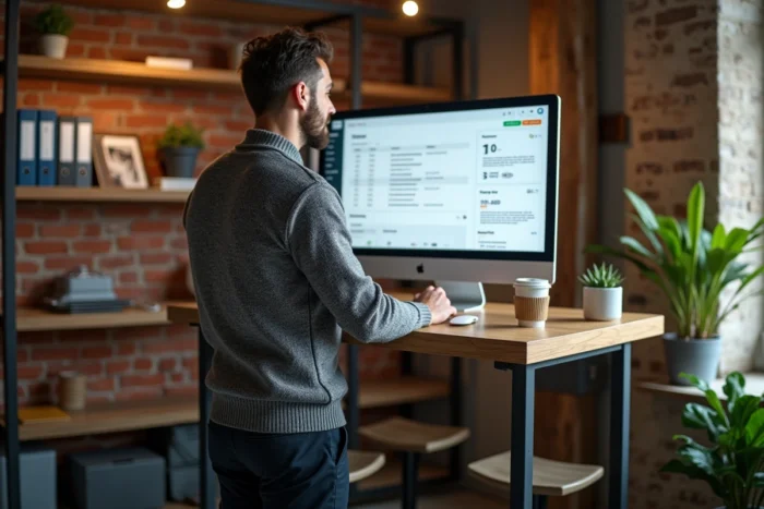 Entrepreneur français consultant un tableau de bord numérique de services administratifs en ligne dans un espace de coworking