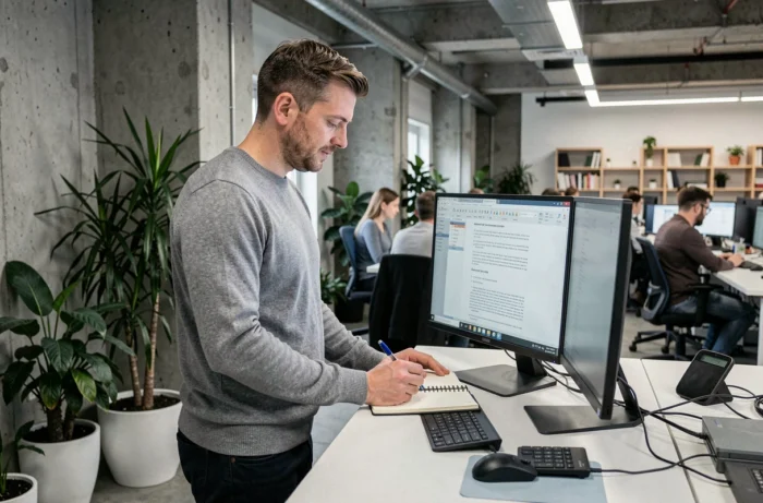 Entrepreneur consultant des ressources légales en ligne dans un espace de co-working moderne