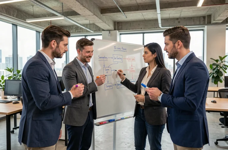 Équipe de professionnels en entreprise collaborant sur un tableau blanc pour définir un POC ou SPOC dans un bureau moderne