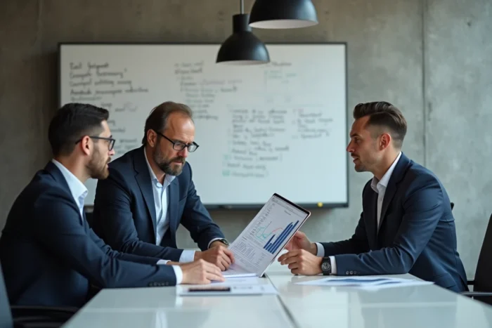 Équipe de professionnels discutant des dernières tendances économiques en salle de réunion