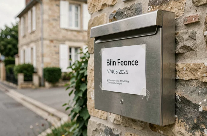Étiquette de boîte aux lettres imprimée et collée sur une boîte aux lettres métallique fixée à un mur en pierre