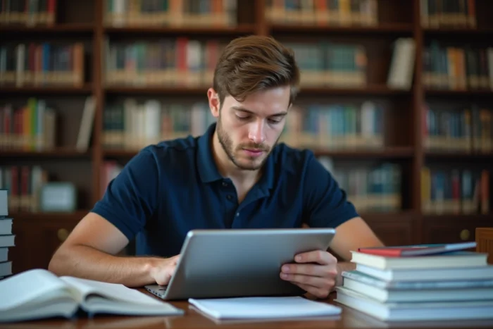 Étudiant en ingénierie révisant avec une tablette et des fiches dans une bibliothèque universitaire pour réussir ses examens de rattrapage
