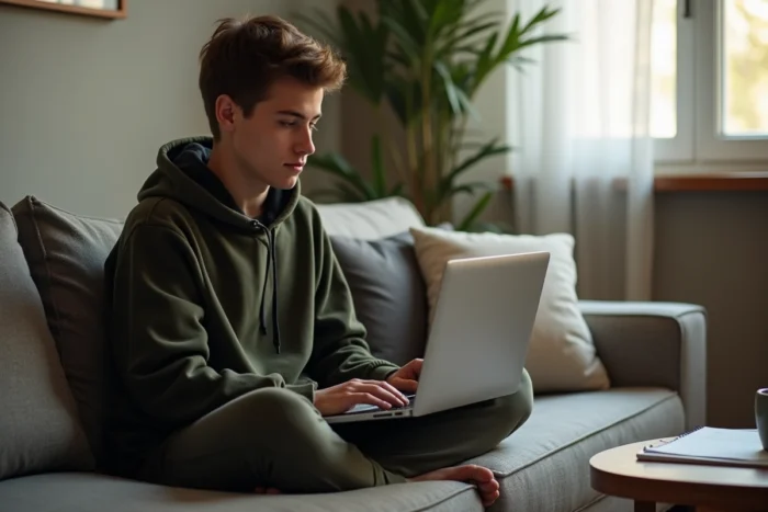 Étudiant assis sur un canapé exportant un fichier Pages en PDF sur un MacBook Air dans un appartement moderne