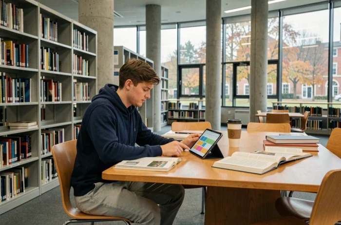 Étudiant consultant son planning universitaire sur tablette dans une bibliothèque à Angers