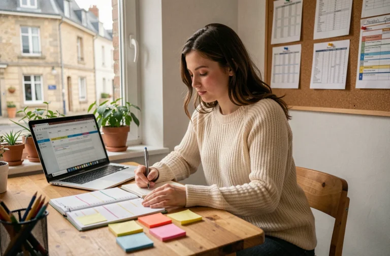 Étudiante organisant son emploi du temps universitaire à Angers avec un agenda papier et un ordinateur portable sur son bureau