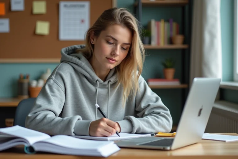 Étudiante organisée révisant ses cours à son bureau avec des notes et un planning d'examens pour préparer ses rattrapages