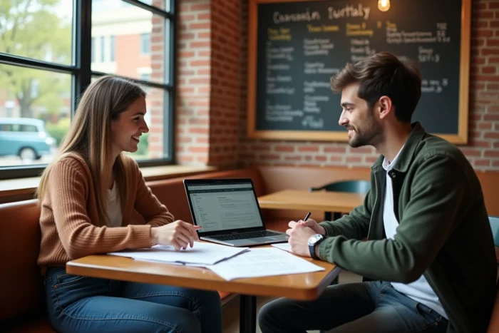Deux étudiants travaillant ensemble dans un café universitaire avec des fiches et un planning pour s'organiser avant les examens ENSAM