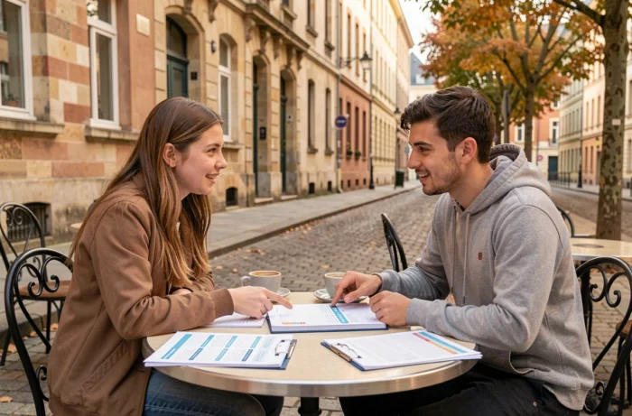 Deux étudiants planifiant leur semaine universitaire ensemble en terrasse de café à Angers