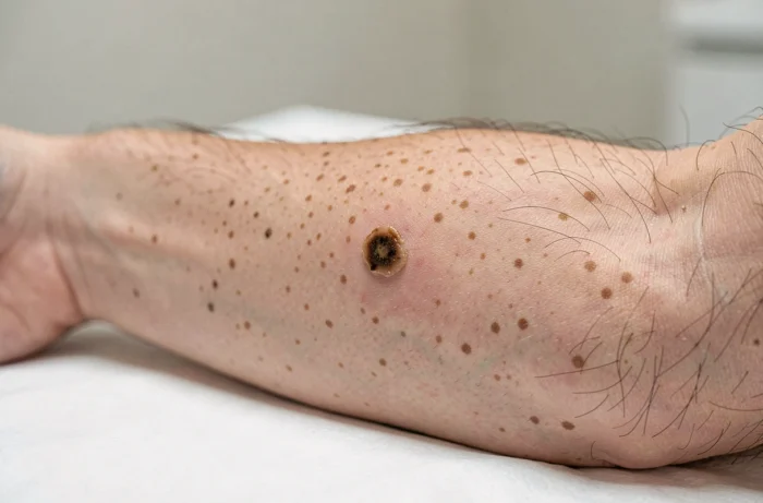 Gros plan d'un grain de beauté irrégulier sur l'avant-bras d'un homme lors d'un examen dermatologique, montrant des bords asymétriques et une variation de couleur caractéristique du cancer de la peau