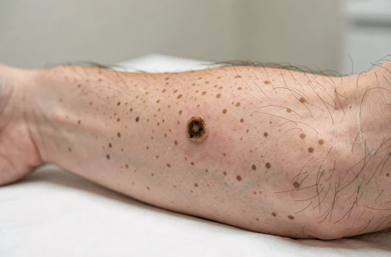 Gros plan d'un grain de beauté irrégulier sur l'avant-bras d'un homme lors d'un examen dermatologique, montrant des bords asymétriques et une variation de couleur caractéristique du cancer de la peau