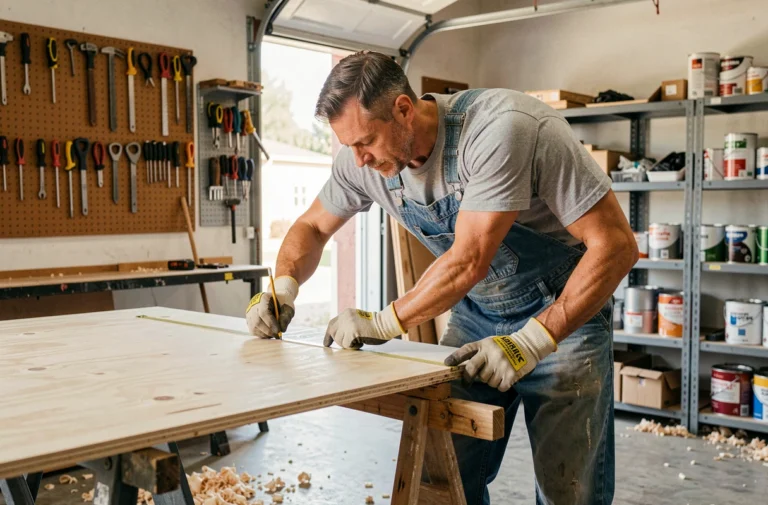 Homme mesurant une planche de contreplaqué marin pour fabriquer un plateau coulissant de pick-up dans un atelier de garage