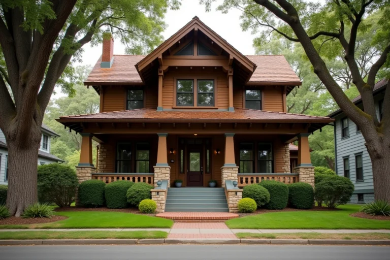 Façade extérieure d'une maison de style Craftsman américain des années 1920 avec colonnes en pierre, poutres en bois apparentes et fenêtres à petits carreaux