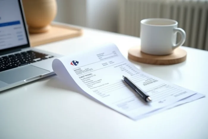 Facture Carrefour imprimée posée sur un bureau à côté d'un ordinateur affichant un espace client en ligne