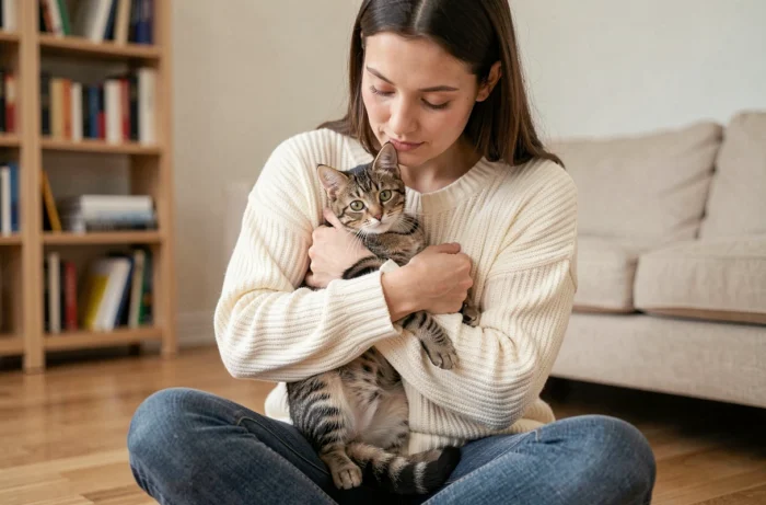 Femme tenant tendrement un chaton tigré contre elle dans un salon chaleureux, illustration de l'adoption d'un chat