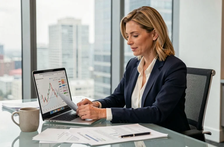 Femme d'affaires analysant des graphiques financiers sur un ordinateur portable dans un bureau moderne avec vue sur la ville
