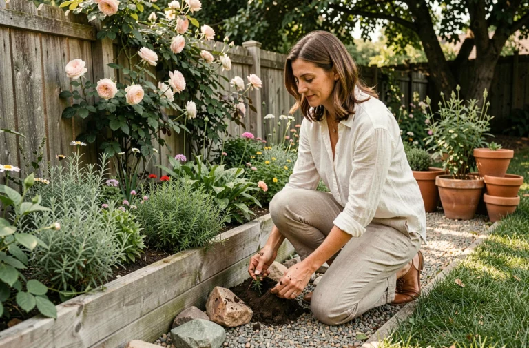 Femme aménageant un jardin harmonieux avec des plantes aromatiques et un chemin en gravier